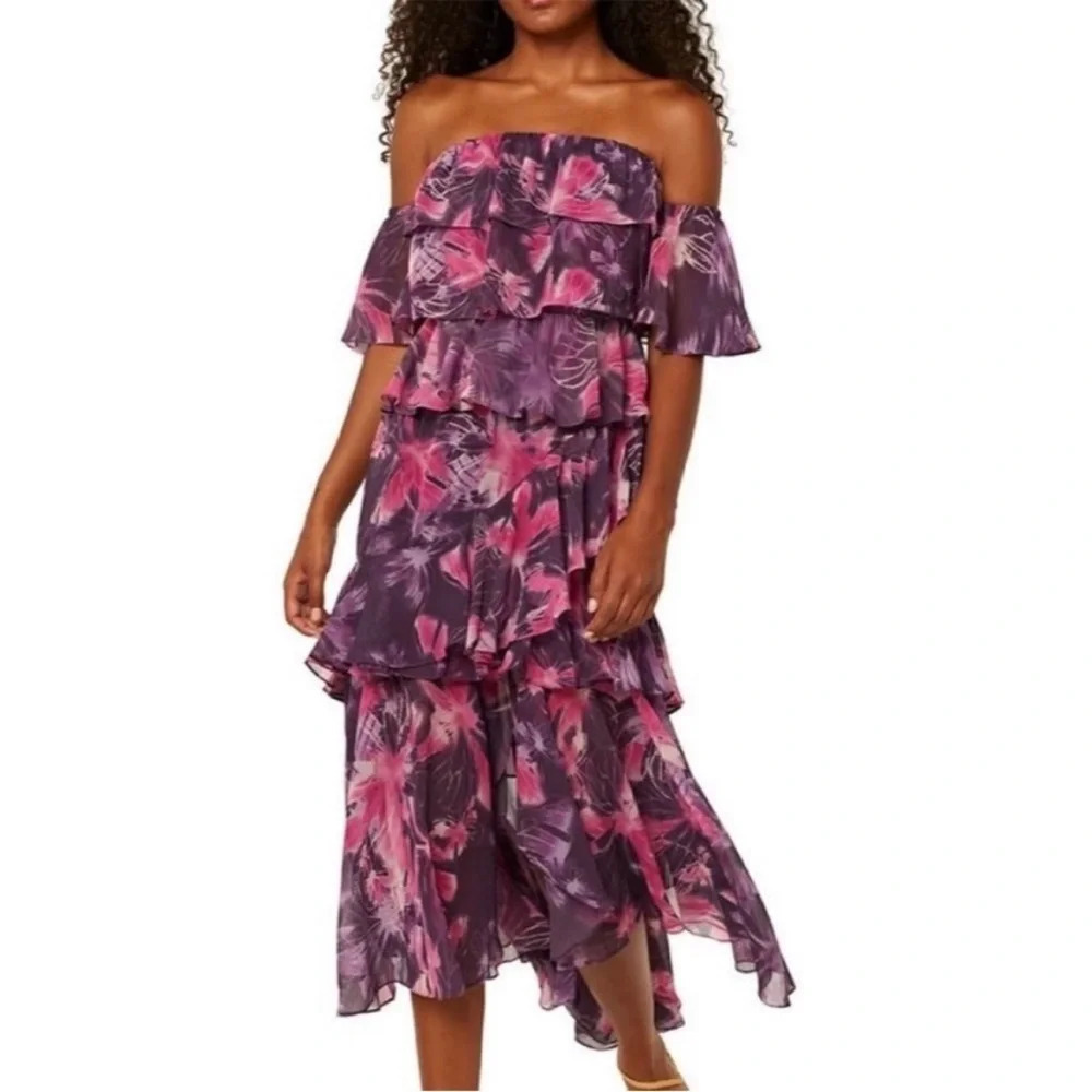 MISA Los Angeles Dalia Purple Floral Off Shoulder Midi Dress